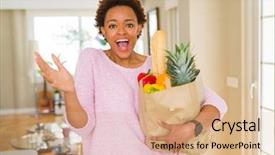  Presentation with paper bag - Slide deck enhanced with grocery - young african american woman holding paper background and a coral colored foreground
