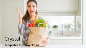  Presentation with paper bag - Beautiful presentation theme featuring grocery - young woman holding paper bag full backdrop and a soft green colored foreground