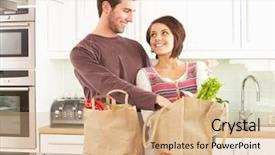  Presentation with grocery bag - Beautiful theme featuring grocery bag - young couple unpacking shopping backdrop and a coral colored foreground
