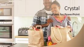  Presentation with grocery bag - Slides having grocery bag - young couple unpacking shopping background and a lemonade colored foreground