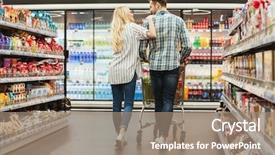  Presentation with supermarket trolley - Colorful presentation theme enhanced with grocery cart - back view of a smiling backdrop and a coral colored foreground