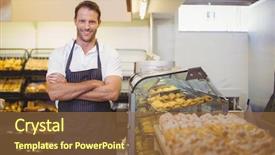  Presentation with grocery - Presentation design enhanced with grocery market - portrait of a smiling baker background and a tawny brown colored foreground