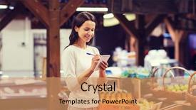  Presentation with market food - Cool new PPT theme with grocery shopping - happy woman with food basket backdrop and a coral colored foreground