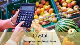  Presentation with calculator - Colorful PPT layouts enhanced with grocery shopping - image of senior woman hand backdrop and a yellow colored foreground