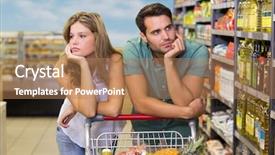  Presentation with products supermarket - Slide set featuring grocery shopping - serious bright couple buying food background and a coral colored foreground