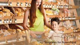  Presentation with grocery store - Presentation with grocery store - red hair woman with little boy buying bread background and a coral colored foreground