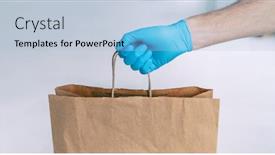  Presentation with paper bag - Presentation theme featuring grocery-store-shopping-delivery-man background and a light blue colored foreground