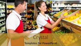  Presentation with grocery store - Theme having grocery store staff with clipboard in grocery store background and a gold colored foreground