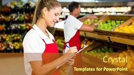 Presentation with grocery store - Beautiful slides featuring grocery store staff with clipboard in grocery store backdrop and a tawny brown colored foreground