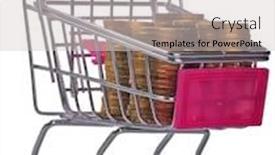  Presentation with grocery - Beautiful theme featuring grocery trolley with golden coins isolated on white background backdrop and a light gray colored foreground
