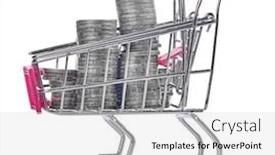  Presentation with grocery - Presentation theme with grocery trolley with silver coins isolated on white background background and a light gray colored foreground