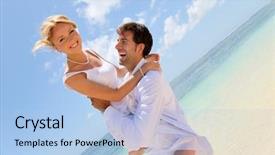  Presentation with beach wedding - Colorful slide set enhanced with groom and bride laughing backdrop and a light blue colored foreground