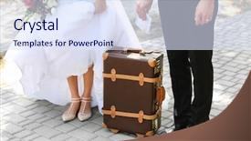  Presentation with pavement - Beautiful presentation featuring groom and bride with vintage suitcase on pavement backdrop and a sky blue colored foreground