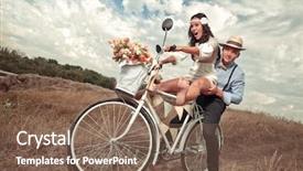  Presentation with married - PPT layouts featuring groom and bride on a bicycle with just married sign and cans attached background and a violet colored foreground