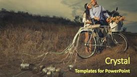  Presentation with married - Cool new slides with groom and bride on a bicycle with just married sign and cans attached backdrop and a tawny brown colored foreground