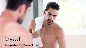  Presentation with mirror - Beautiful presentation featuring grooming - handsome shirtless man looking backdrop and a coral colored foreground