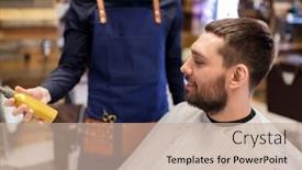  Presentation with spray - PPT theme having grooming hairdressing and people concept - hairstylist showing hair styling spray to male customer at barbershop background and a coral colored foreground