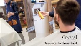  Presentation with spray - Presentation design consisting of grooming hairdressing and people concept - hairstylist showing hair styling spray to male customer at barbershop background and a soft green colored foreground