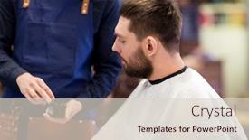  Presentation with wax - Cool new PPT theme with grooming hairdressing and people concept - hairstylist showing hair styling wax to male customer at barbershop backdrop and a lemonade colored foreground