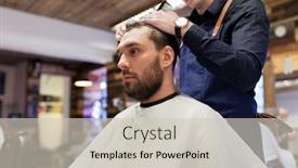  Presentation with barber - Theme consisting of grooming hairdressing and people concept - man and barber with comb and scissors cutting hair at barbershop background and a soft green colored foreground