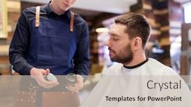  Presentation with wax - Audience pleasing PPT layouts consisting of grooming hairdressing and people concept - hairstylist showing hair styling wax to male customer at barbershop backdrop and a soft green colored foreground