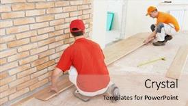  Presentation with flooring - Beautiful PPT theme featuring groove - two parquet carpenter workers installing backdrop and a soft green colored foreground