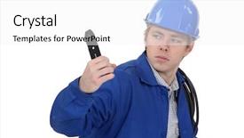  Presentation with pair of compass - Audience pleasing PPT theme consisting of grouch - unfriendly tradesman holding up backdrop and a white colored foreground