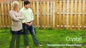  Presentation with new home - Slides with ground improvement - young couple worried about growing background and a tawny brown colored foreground