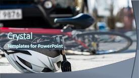  Presentation with street accident - Slides with plastic road - close-up of a bicycling helmet background and a ocean colored foreground