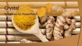  Presentation with turmeric - Presentation with ground turmeric on wooden spoon background and a gold colored foreground