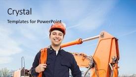  Presentation with safety construction worker in construction - PPT theme having groundwork - portrait of a smiling worker background and a light blue colored foreground