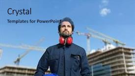  Presentation with safety construction worker in construction - Theme enhanced with groundwork - portrait of a worker background and a  colored foreground