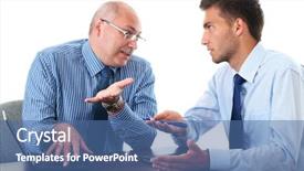  Presentation with meeting - Slide deck featuring group 2 - senior and junior businessman discuss background and a ocean colored foreground