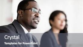  Presentation with listening - Slide set consisting of group 2 - smiling businessman listening at business background and a gray colored foreground