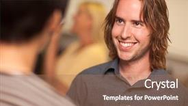  Presentation with gold man smile - Slide deck consisting of group 2 - smiling young man with glass background and a coral colored foreground