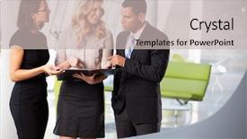  Presentation with meeting - Colorful theme enhanced with group 3 people talking - businesspeople having informal meeting backdrop and a soft green colored foreground