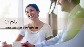  Presentation with team discussion - Amazing presentation theme having group 3 people talking - team having a discussion backdrop and a coral colored foreground