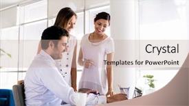  Presentation with employees working together - Slide set featuring group 3 people talking - three collegues working together background and a coral colored foreground