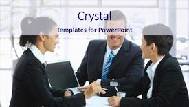  Presentation with laptop blank screen - Audience pleasing PPT theme consisting of group 3 people talking - young businesspeople having a business backdrop and a sky blue colored foreground