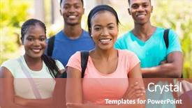  Presentation with college campus - Slide deck featuring group african college students on campus background and a coral colored foreground