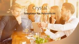  Presentation with meeting - Audience pleasing PPT theme consisting of group-at-meeting-in-restaurant backdrop and a lemonade colored foreground