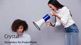  Presentation with black woman - Cool new PPT theme with group black women - woman shouting through loudspaker backdrop and a light gray colored foreground