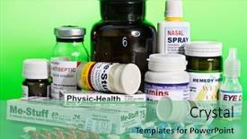  Presentation with pills - PPT layouts with group blister pack of pills remedy on green background and a seafoam green colored foreground