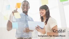  Presentation with sticky notes - Slides with group brainstorming - smiling teamwork reading sticky notes background and a soft green colored foreground