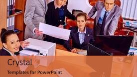  Presentation with community service happy volunteer group - Presentation design with group business people in office background and a red colored foreground