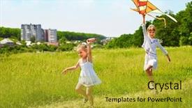  Presentation with children grow - Amazing theme having group children flying kite outdoor backdrop and a gold colored foreground