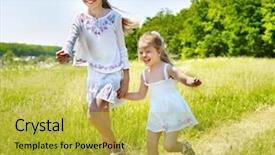  Presentation with children running - Slide set featuring group children running across green grass outdoor background and a yellow colored foreground