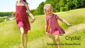  Presentation with children running - Cool new slide deck with group children running across green grass outdoor backdrop and a yellow colored foreground