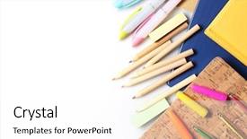  Presentation with set of sauces in white - Audience pleasing PPT theme consisting of group class picture composite - set of stationery isolated backdrop and a  colored foreground