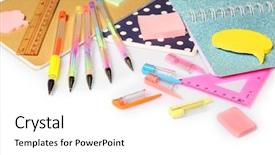  Presentation with set of sauces in white - Slide set featuring group class picture composite - set of stationery isolated background and a  colored foreground